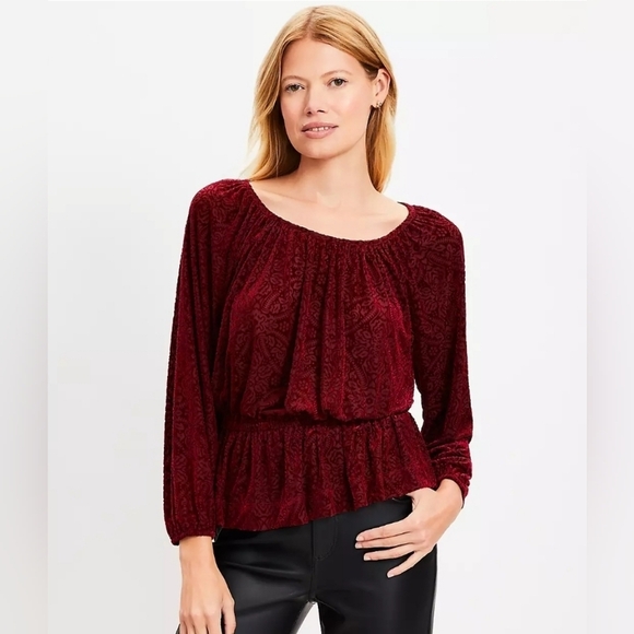 LOFT Tops - Loft Mosaic Shirred Velour Burgundy Red Paisley Floral Velvet Top Size XL